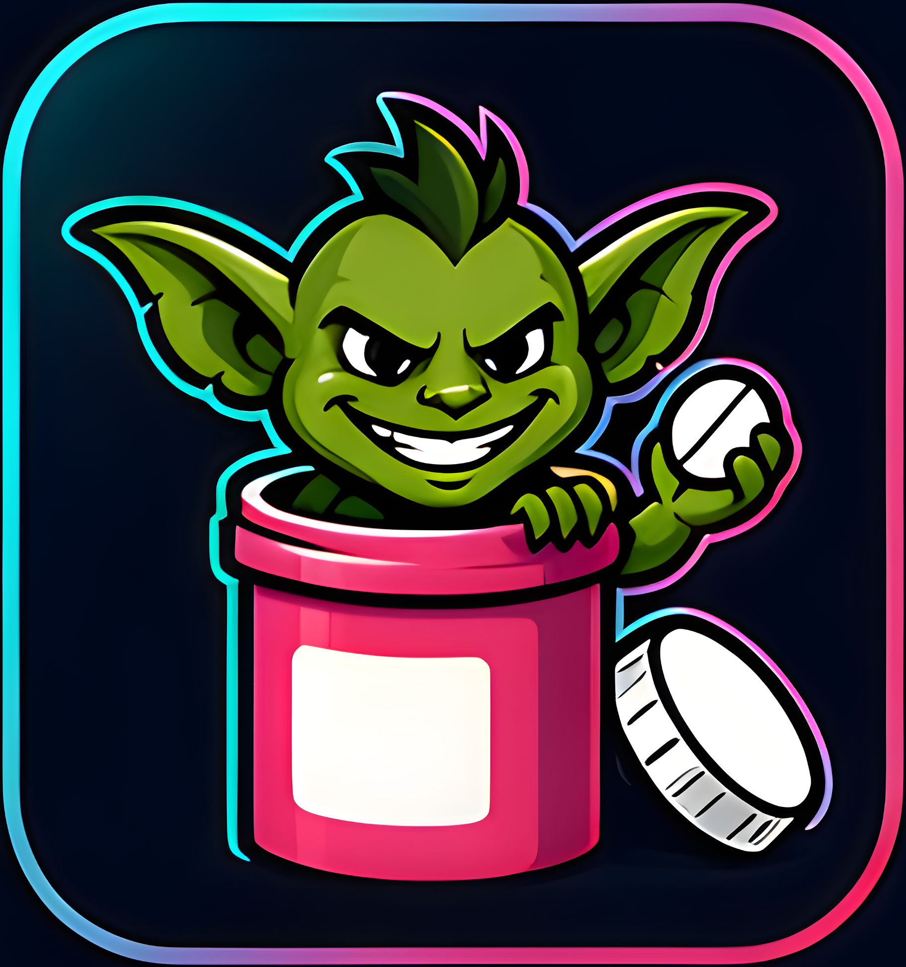 The Pill Gremlin mascot popping out of a pill bottle